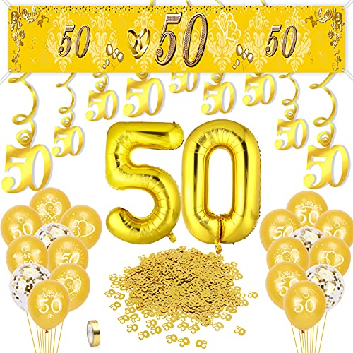 HOWAF Nozze d oro Decorazioni per 50 Anniversario Matrimonio, Nozze d oro Striscione Palloncini di Lattice Coriandoli 50 Anni di Matrimonio, Oro Numero 50 Palloncini di Alluminio Pendenti a Spirale