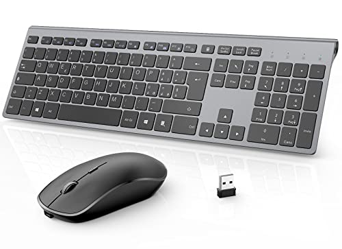 JOYACCESS Tastiera e Mouse Wireless,Full Size Compatto Tastiera Mouse Wireless Costruito in 500mA Ricaricabile Batteria,2,4 GHz Tastiera Wireless,Mouse Silenzioso Ergonomico per PC,Laptop-Grigio Nero