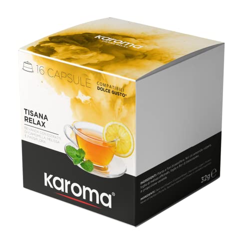 Karoma 16 capsule Tisana Relax bevanda con estratti di Camomilla, Melissa e Passiflora compatibili con Nescafè Dolce Gusto