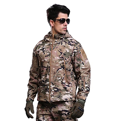 Kelmon Uomo Tattico Softshell Giacca Multifunzionale Outdoor Camouflage Militare Pile Fodera Impermeabile Antivento Calda Cappuccio Cappotto