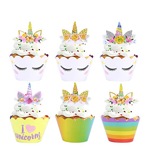 Konsait Unicorno Cupcake Decorazioni (24 Pezzi), Unicorno Topper per Torte e Corno Orecchie Wrappers Doppia Faccia per Bambina Bambini Compleanno Unicorno Party Regalo Torta Decorazioni