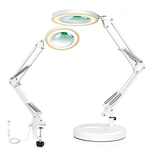 Lampada da tavolo con ingrandimento 2 in 1, lampada a LED in vetro con lente di ingrandimento 5x con morsetto, braccio girevole regolabile in 3 colori Lampada