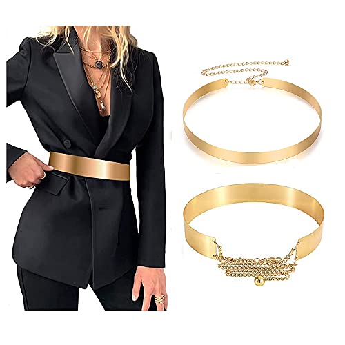 Lassuzie 2 Pezzi Cintura Donna Elegante, Cintura Metallo Oro con Catena Cinta per Vestito Donna Metallo Decorativa Moda Oro (Larghezza 2cm e 3,5cm)
