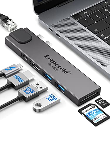 Lemorele Hub USB C Doppio HDMI 4K@60Hz Adattatore MacBook Air Pro, 7 in 2 Spazio Alluminio USB C Hub con Thunderbolt 3, HDMI 4K@60Hz, RJ45 Ethernet, 2 USB 3.0, SD TF, per MacBook Air Pro M1 2016 -2023