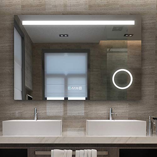 Lisa - Specchio da bagno con illuminazione a LED, con ingrandimento 3x, interruttore a bottone, anti-appannamento, senza orologio, A++, 120x80 cm, luce bianca fredda