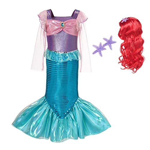 Lito Angels Costume da Sirenetta Principessa Ariel Vestito Sirena con Parrucca per Capelli per Bambina Taglia 3-4 Anni, Viola Blu
