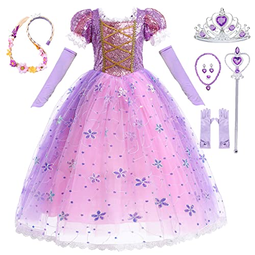 LiUiMiY Vestito Principessa Rapunzel Bambina Paillettes Costume Ragazze Tulle da Carnevale Festa, 2-3 Anni (Etichetta 100)