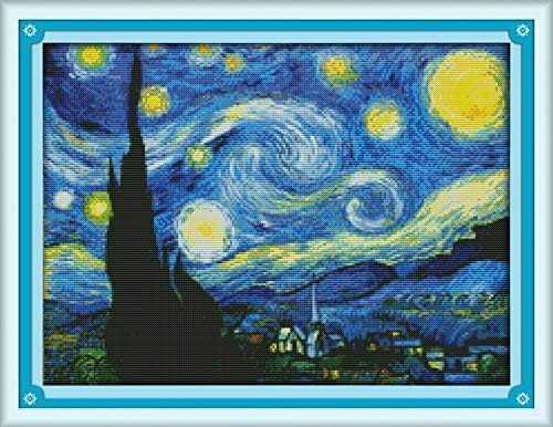 Maydear - Kit per punto croce, con stampa di una gamma completa di kit per principianti fai da te a 2 fili, 14 CT, con 2 fili, motivo: Notte stellata di Van Gogh, 46 x 35 cm