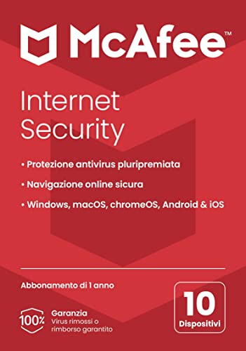 McAfee Internet Security 2023 | 10 Dispositivi | Software di Protezione Antivirus e Sicurezza Internet, Windows Mac Android iOS | 1 Anno di Abbonamento | Via posta