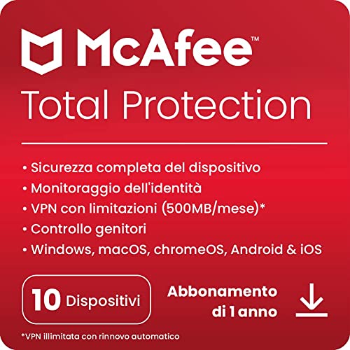 McAfee Total Protection 2023 | 10 dispositivi | Software antivirus per la sicurezza in Internet | VPN | Abbonamento di 1 anno | Codice d attivazione via email