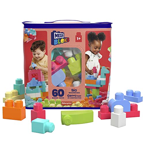 MEGA BLOKS Grande Borsa da Set da costruzione con 60 grandi mattoncini colorati e 1 custodia, set regalo giocattolo per bambini da 1 anno in su. (Il colore e la confezione possono variare dal design)