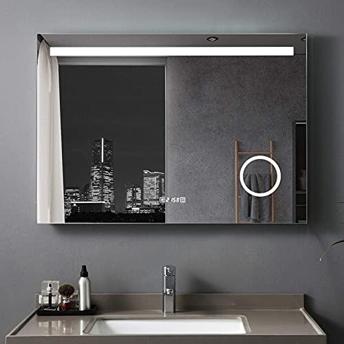 MIQU - Specchio da bagno, 120 x 80 cm, con illuminazione a LED, luce bianca fredda, con ingrandimento 3x, interruttore a bottone, anti-appannamento, orologio, 1200