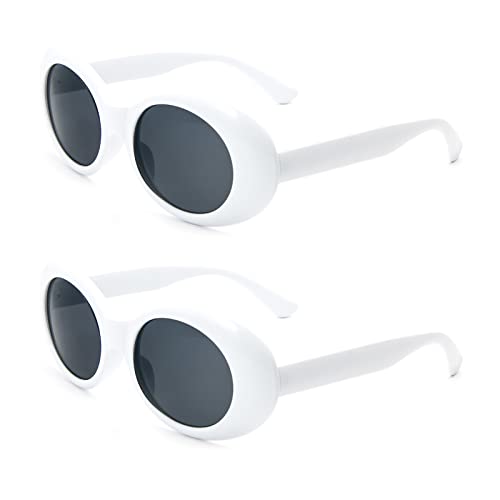 MMOWW 2 Pezzi Retrò Occhiali da sole Ovale da Uomo Donna - Protezione UV400 Occhiali da Sole Vintage Rotondi (Bianco+Bianco)