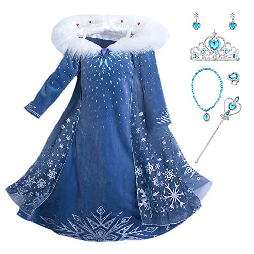 New front Carnevale Elsa Vestito Set, Costume Blu Vestito Abito da Principessa per la Festa Invernale, Bambina Costume con Colletto Cosplay Abiti Gonna Corona Bacchetta Magica Orecchino,Blu,130