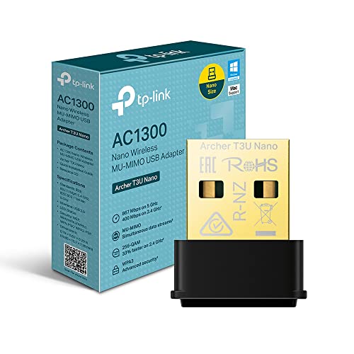 [Nuovo] TP-Link Archer T3U Nano Adattatore USB Scheda di Rete, Wireless Dual-Band WiFi AC1300Mbps, Nano Size, USB 3.0, MU-MIMO, Supporto Windows, Mac OS X