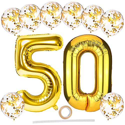 Palloncini Numero 50, Oro Numeri Palloncini Foil 50 Compleanno con Palloncini con Coriandoli Oro, Gigante 100 cm Palloncino Digitali 5 & 0 per 50° Feste di Anniversario Decorazioni di Compleanno