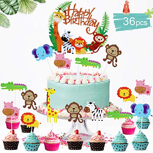 PHOGARY 36 Pezzi Animali Decorazioni Torte per Torte Bambini del Primo Compleanno, Cupcakes Toppers per Jungle Tema Feste
