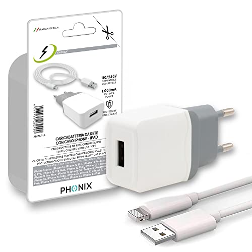 PHONIX Caricatore per Iphone 12 11 Pro Max Mini X 8 7 SE 6 5 + Cavo USB Lightning da 1 mt. | GARANZIA ITALIANA Alimentatore per Apple con Cavetto di Ricarica per iPhone, iPad, AirPods