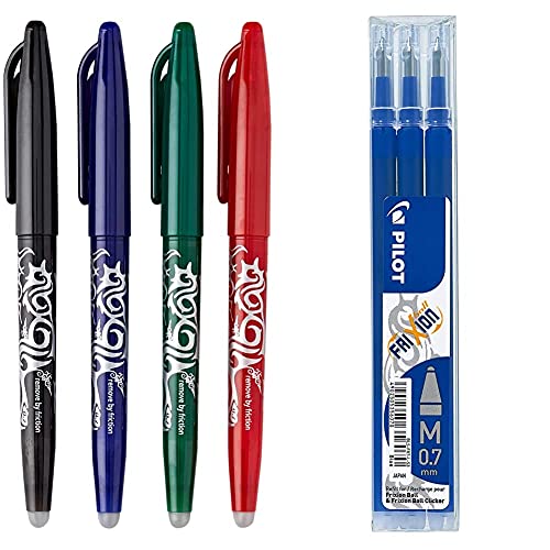Pilot Penna Frixion Penna (Confezione Da 4), Colori Assortiti & Bls-Fr7-L-S3 Frixion Ball Refill Per Penna A Sfera, 0.7 Mm, Confezione Da 3, Blu
