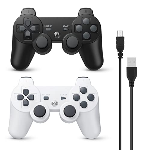 Powerextra Controller Wireless Compatibile con PS3, Controller da Gioco ad Alte Prestazioni da 2 Pezzi con Joystick Potenziato Double Shock per PlayStation 3 (Nero e Bianco)