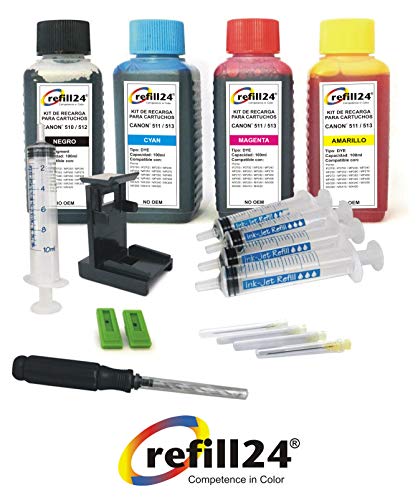 refill24 Kit di ricarica compatibile per cartucce d inchiostro Canon 510, 511 nero e a colori, include clip e accessori + 400 ml inchiostro