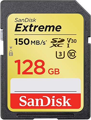 SanDisk 128 GB Extreme scheda di memoria, SDXC, fino a 150 MB s, Classe 10, U3, V30, Nero