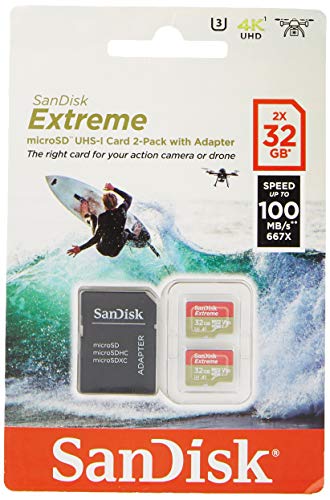 SanDisk Extreme 32 Gb per Action Camera, MicroSDHC con Adattatore SD Twinpack, Classe 10, U3, V30, A1, Velocità di Lettura fino a 100 Mb s