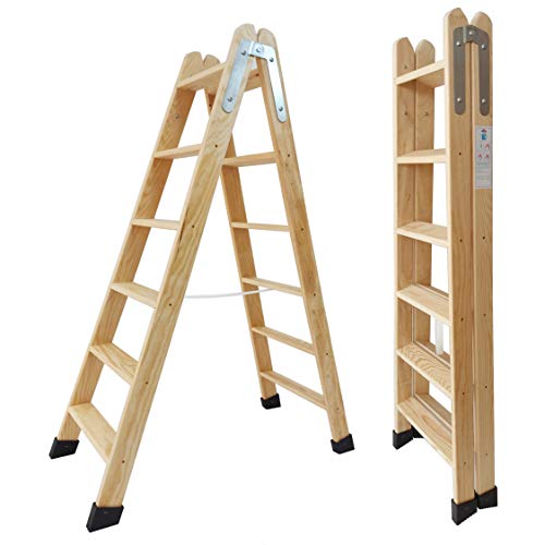 Scaletta a forbice in legno di pino, doppia superficie, certificata Ideale per professionisti, pittori, muratori, elettricisti o anche per la tua casa (6 gradini)