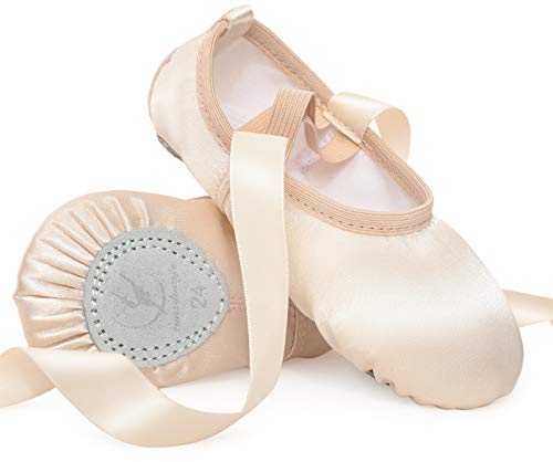 Scarpette da Danza Classica Raso Scarpe da Ballerina con Suola Divisa in Nastro per Bambina Donna Rosa Beige Chiaro Taglia 24-40