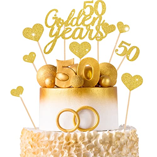 Set di Topper per Torta per il 50° Anniversario di Matrimonio Decorazioni per Cupcake con Glitter Topper a Cuore d Oro Topper con Numero 25 e Topper per Golden Years,13 Pezzi in Totale