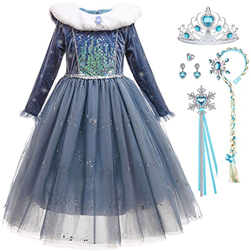 Snyemio Abito Principessa Elsa Costume Bambina Maniche Lunghe Vestito Regina Ghiacco Carnevale Halloween Cosplay, 5-6 Anni