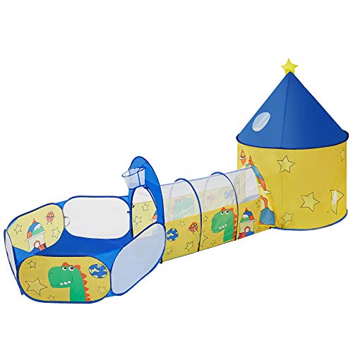 SONGMICS Tenda da Gioco 3 in 1, Tenda Pop Up per Bambini, con Casetta Tunnel e Piscina di Palline, a Tema di Spazio e Dinosauro, Idea Regalo per Compleanno, Giallo e Blu LPT702Y01