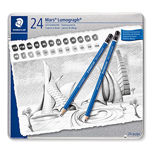 Staedtler - Mars Lumograph, matite di altissima qualità per scrittura e disegno artistico, scatola in metallo con 24 matite assortite 12B-10H, 100 G24