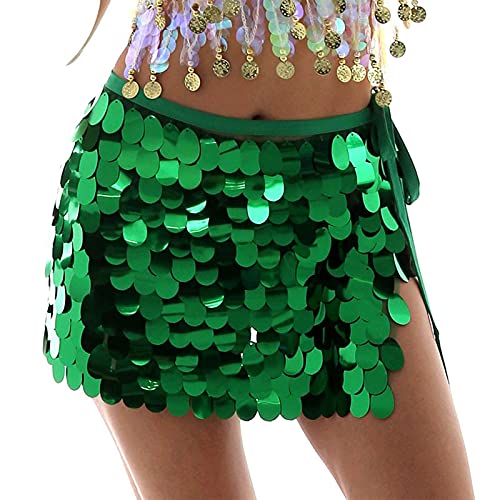 Sttiafay - Gonna per danza del ventre, sopra il ginocchio, con paillettes, da sirena, da avvolgere ai fianchi, per rave, carnevale, costume da donna (verde)