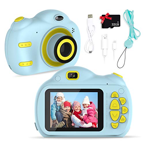 SWEET CARROT Fotocamera digitale per bambini, con display da 2,4 pollici, mega-HD, obiettivo anteriore e posteriore, flash, scheda SD integrata 32 G, regalo di compleanno (blu)