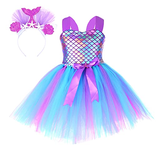 Tante Tina - Costume da principessa, da bambina, con tutù arcobaleno, taglia XL (128), sirena viola