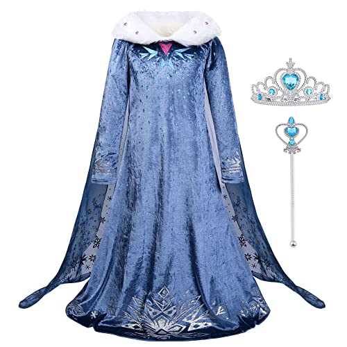 URAQT Elsa Costume, Costume da Principessa Elsa con Corona Bacchetta Vestito da Principessa Bambina, Vestitos da Principessa Elsa Vestito da Bambina per Carnevale, Natale(120CM)