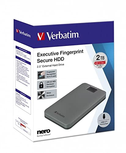 Verbatim Executive Fingerprint Secure HDD - 2 TB - Grigio - Hard disk esterno con lettore di impronte digitali - USB 3.1 GEN 1 - per Windows & Mac OSX - Disco rigido portatile USB-C 53653