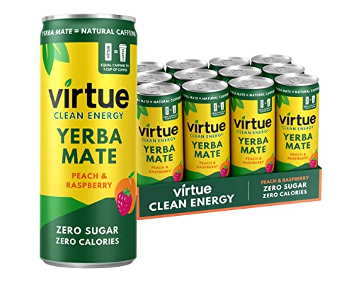 Virtue Yerba Mate - Energy Drink Naturale - Senza Zucchero, Zero Calorie, Vegano, Keto, Senza Glutine (Pesca & Lampone, 12 x 250ml)