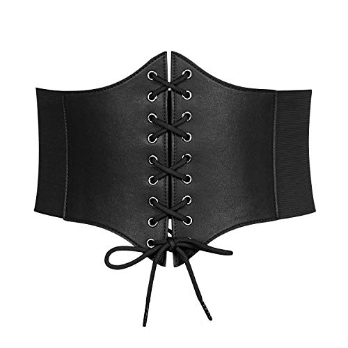 Werforu - Cintura elasticizzata a vita alta, da donna, stile guêpière, larga, con lacci, A-nero., Small