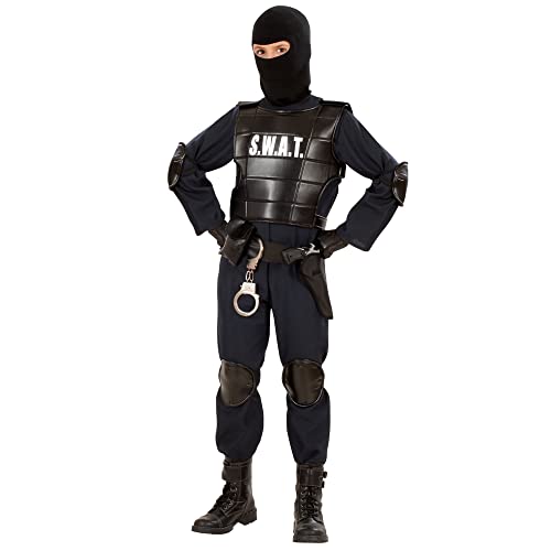 Widmann - Costume da bambino S.W.A.T, gilet antiproiettile, cintura con fondina e borsa, ginocchiere, gomitiere, maschera, agente segreto