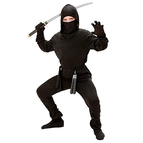 Widmann - Costume da ninja per bambini composto da parte superiore con cappuccio, pantaloni, cintura, maschera e fasce per braccia e gambe, per carnevale e Halloween