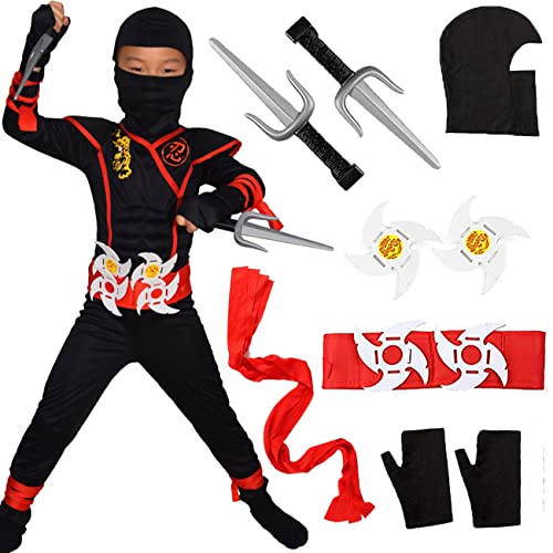 Windskids Ninja Costume Bambini Cosplay Nero Rosso Soldato Assassino Muscolare Guerriero Costume con Ninja Accessori Halloween Carnevale Compleanno Festa Regali per Bambini età 4-12 Anni
