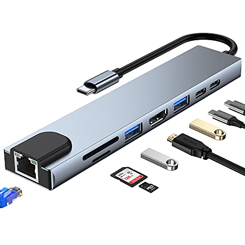 Wowssyo USB C Hub 8 in 1, Alluminio Adattatore USB C per MacBook Pro Air, RJ45 Ethernet, 4K HDMI, Lettori SD e TF, PD 100W , Porte USB 3.0   USB 2.0, per iPad Pro m1, XPS,PC Portatili, Switch