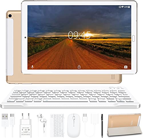 YESTEL Tablet 10 Pollici Android 11 OS, 4 GB RAM 64 GB ROM SD TF 4-256 GB, HD Tablet con Tastiera, Batteria 8000 mAh, 5 MP + 8 MP, WiFi | Bluetooth | OTG, Custodia + Penna + Mouse, Oro