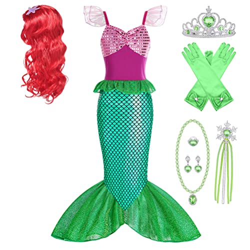 YOSICIL Sirena Costume Bambina Vestito da Principessa Ariel Gonna bambina Sirena la principessa di abbigliamento per bambini di Halloween cosplay multipli accessori e parrucche 110-150