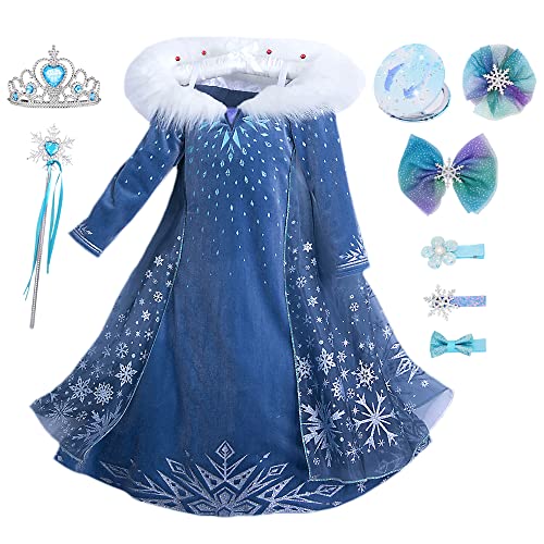 YOSICIL vestito elsa frozen bambina Costume da principessa Elsa con mantello vestito lungo Abito da festa costume principessa Cerimonia Halloween Natale 3-9 anni,blu 100
