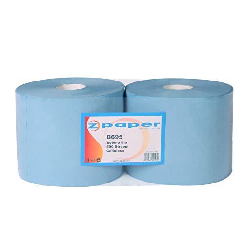ZPAPER - Bobina Rotolone BLU asciugatutto 500+500 Strappi - 3 Veli, Carta Cellulosa molto assorbente. Confezione da 2 rotoli asciugamani