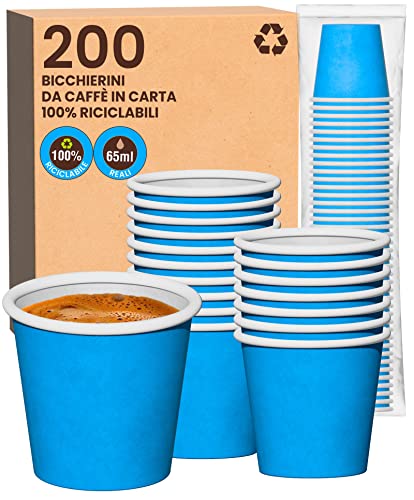 200 Bicchierini in Carta per caffè 65ml bicchieri Ecologici Biodegradabili Monouso Asporto Bevande Calde Acqua Colorati Blu