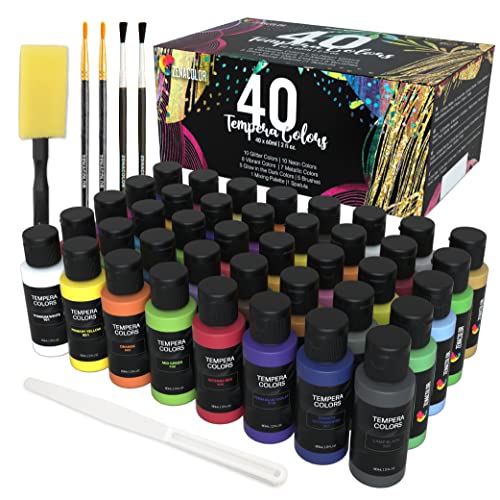 40 Tempere lavabili per Bambini Zenacolor - Kit di tubetti da 40x60ml - Vernice Opaca, Neon, Glitter, Fluorescente, Metallizzata